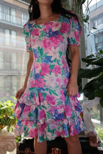 Load image into Gallery viewer, Vintage 1990s 100% Silk Floral Ruffle Dress – Bright Garden Party Midi
