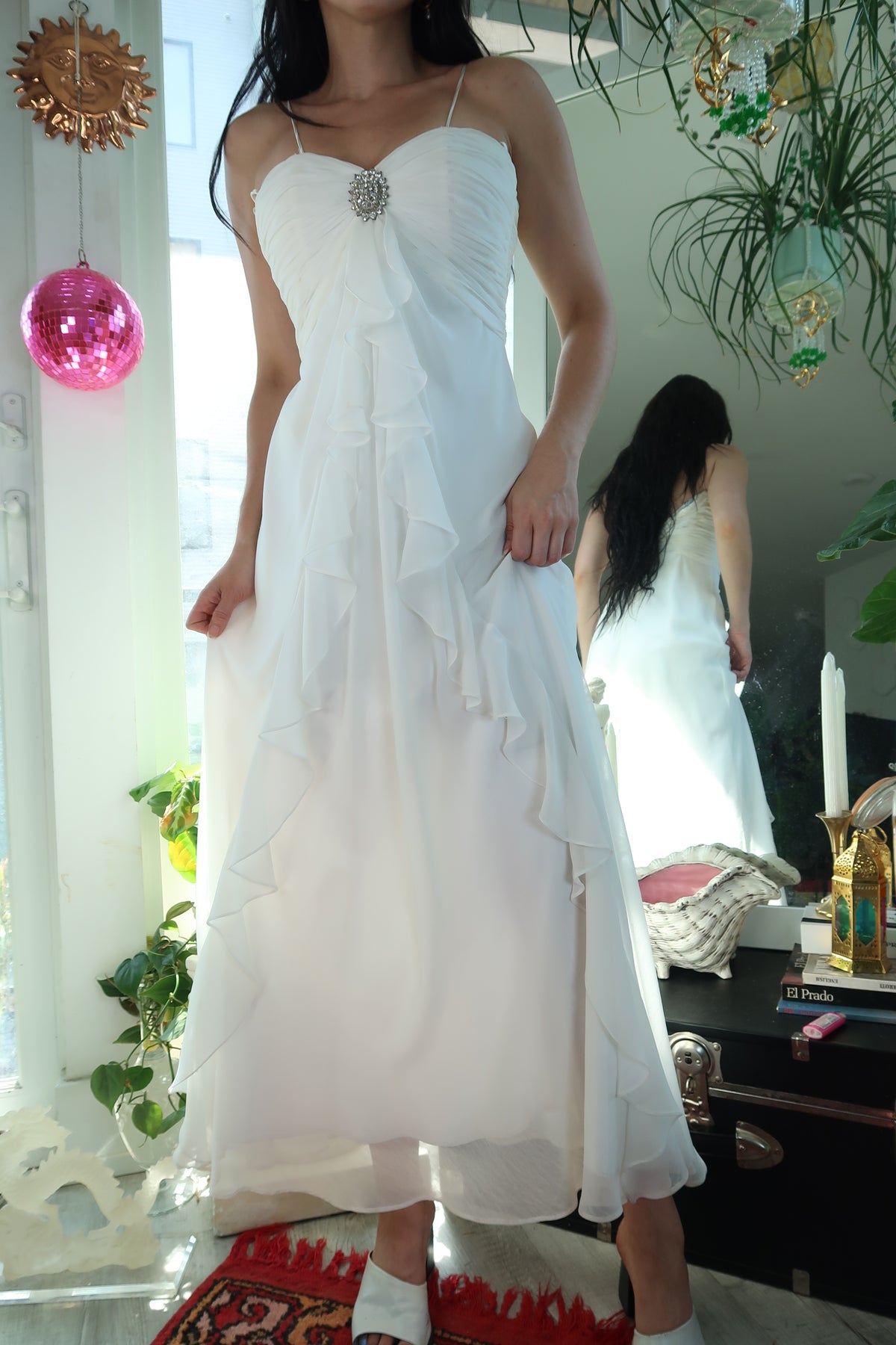Vintage 2000s White Ruffled Gown with Rhinestone Brooch