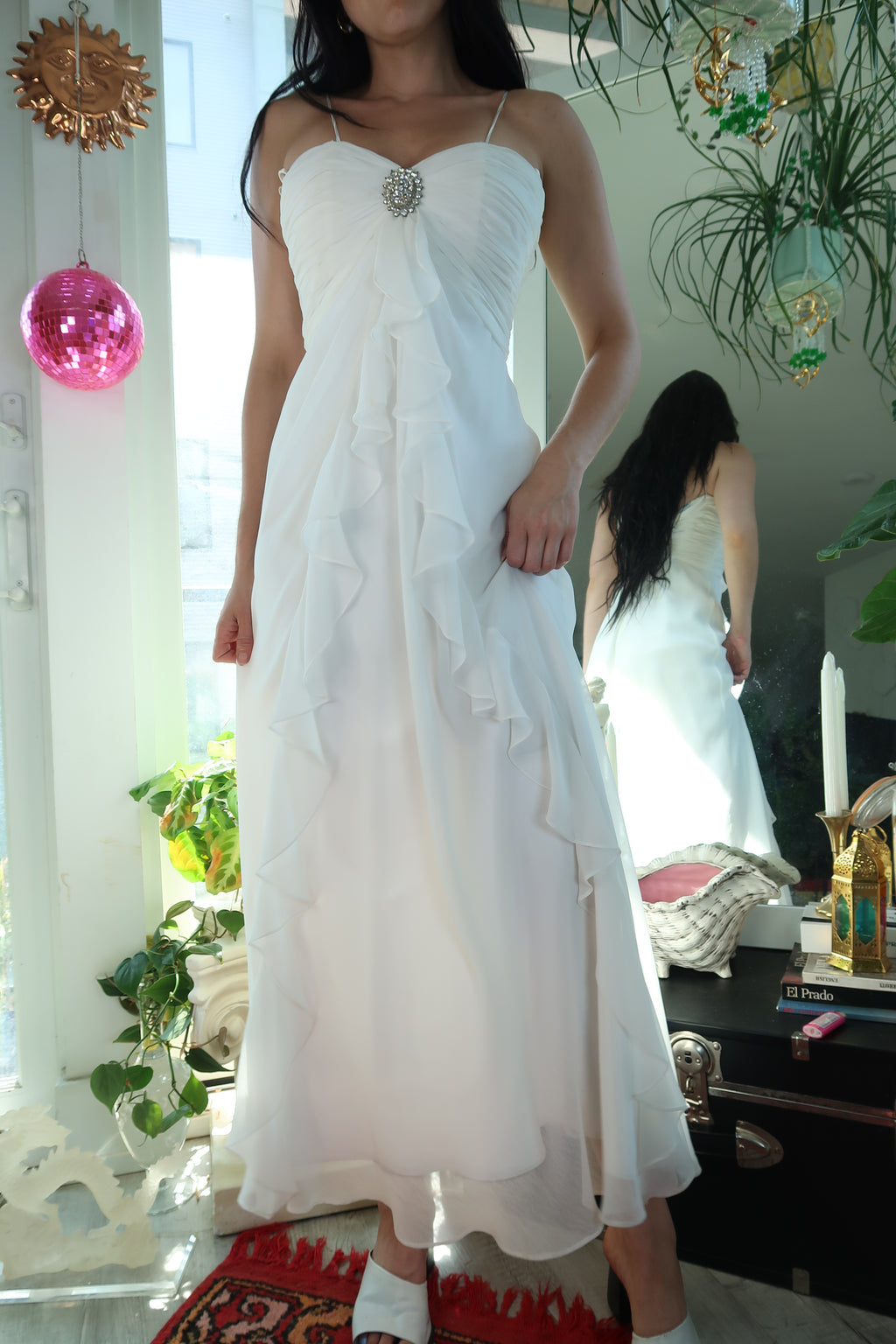 Vintage 2000s White Ruffled Gown with Rhinestone Brooch