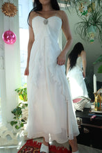 Load image into Gallery viewer, Vintage 2000s White Ruffled Gown with Rhinestone Brooch
