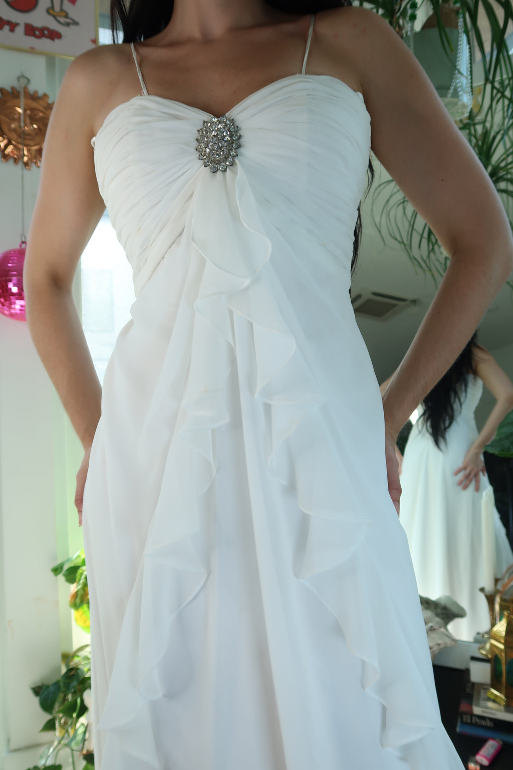 Vintage 2000s White Ruffled Gown with Rhinestone Brooch