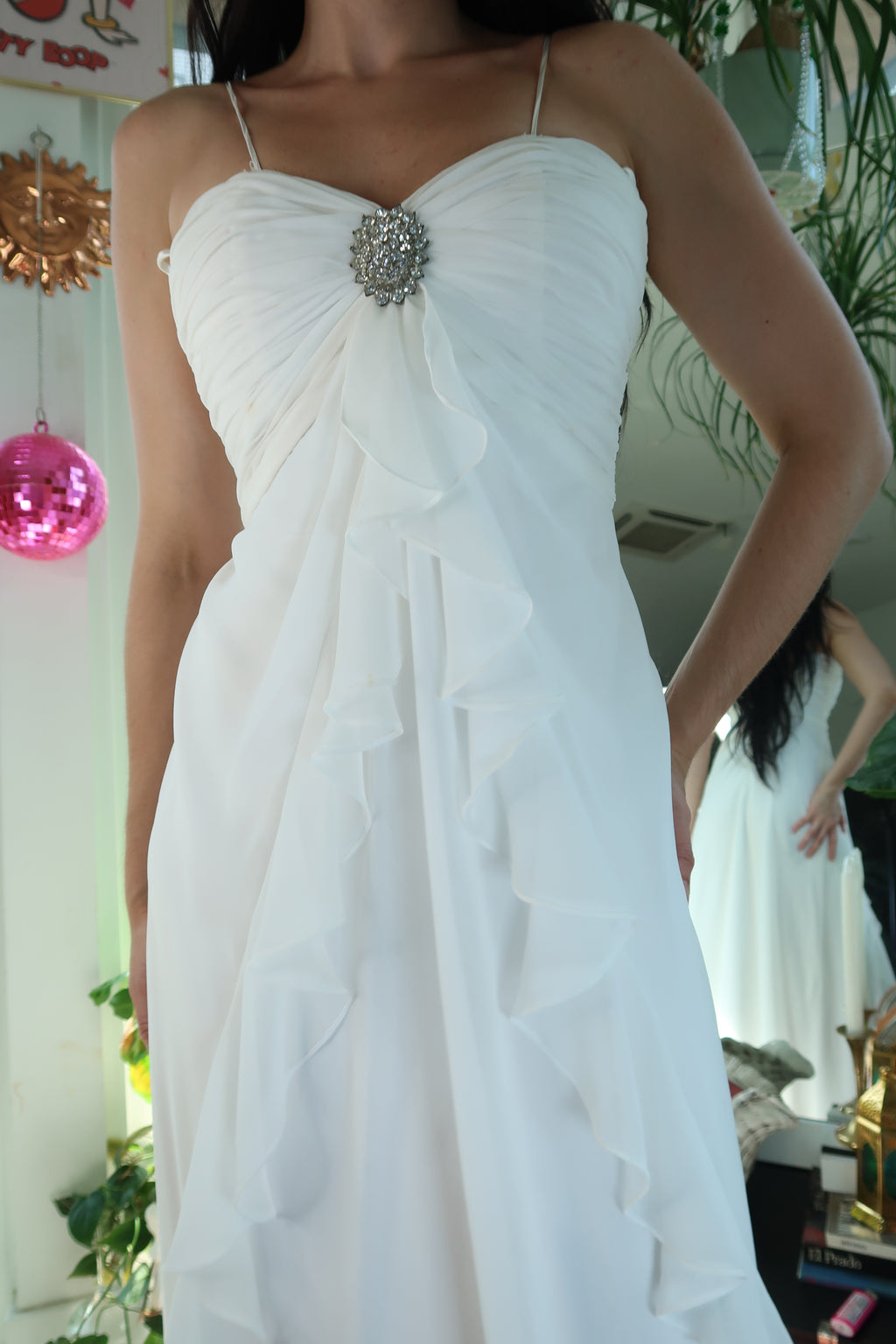 Vintage 2000s White Ruffled Gown with Rhinestone Brooch