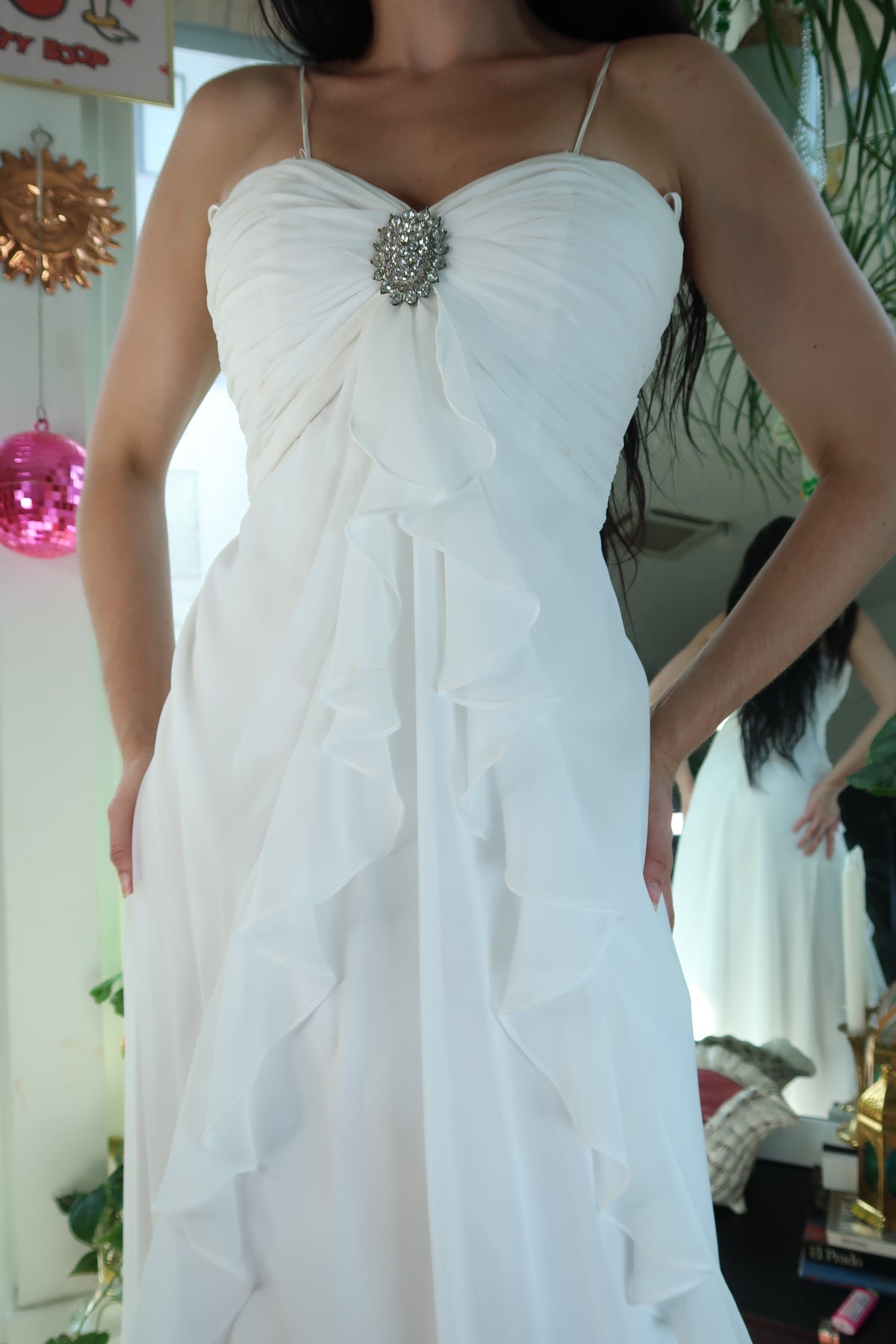 Vintage 2000s White Ruffled Gown with Rhinestone Brooch