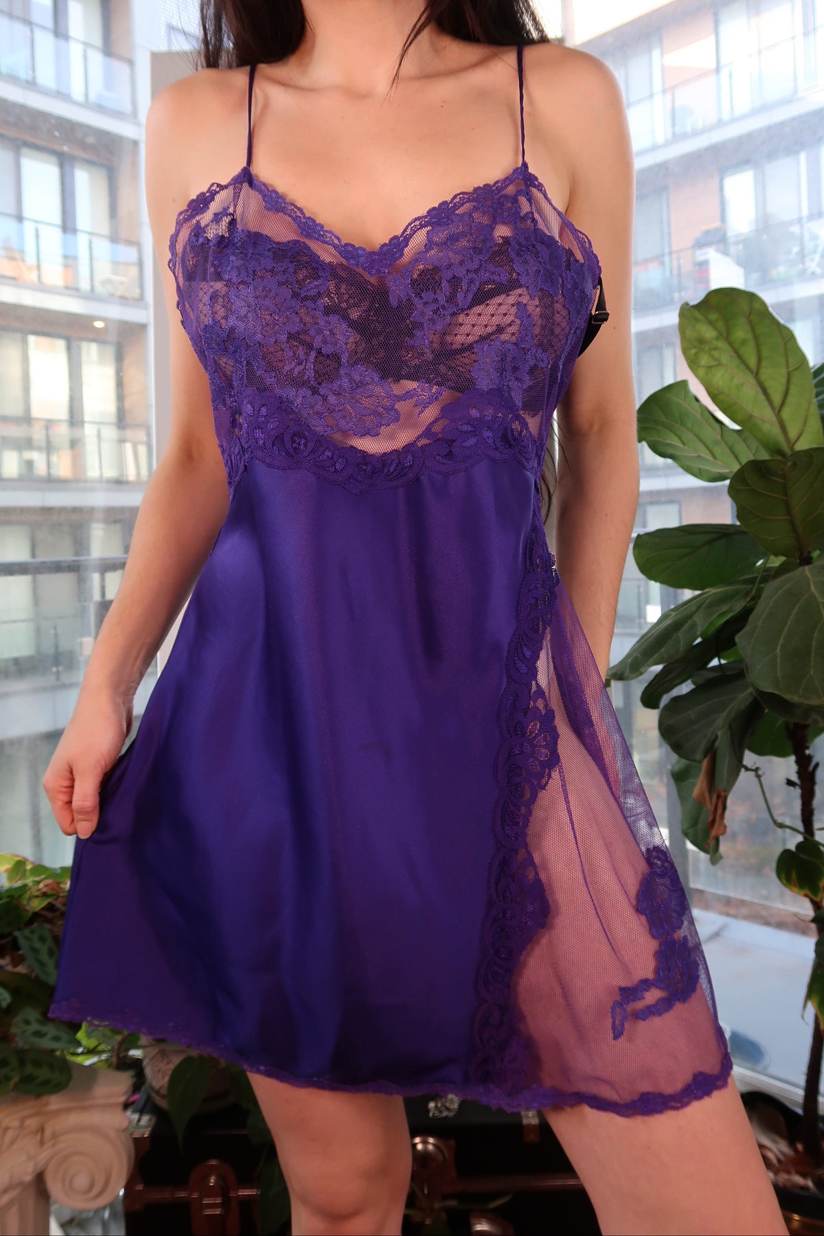Vintage Gold Label Victoria’s Secret Purple Satin & Lace Sheer Panel Slip Dress - Elektra Vintage