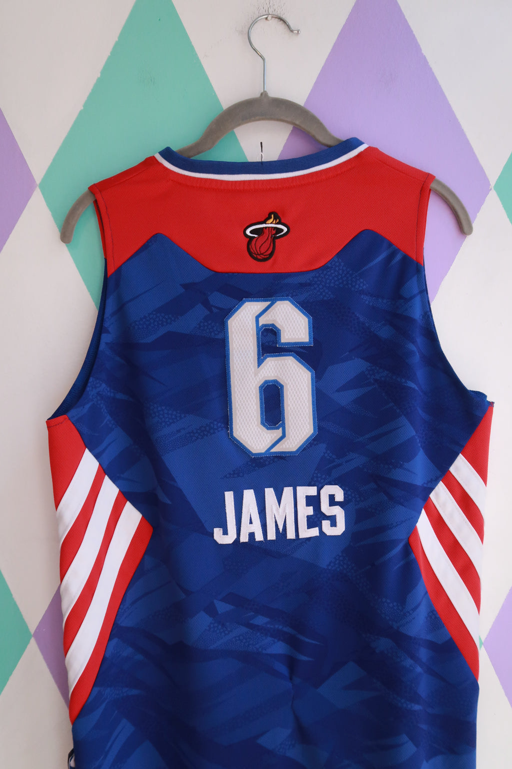 Men's vintage 2013 Adidas NBA All-Star East LeBron James #6 basketball jersey by Elektra Vintage, displayed on a hanger.