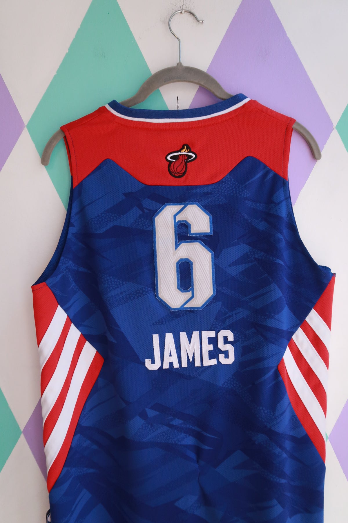 Men's vintage 2013 Adidas NBA All-Star East LeBron James #6 basketball jersey by Elektra Vintage, displayed on a hanger.
