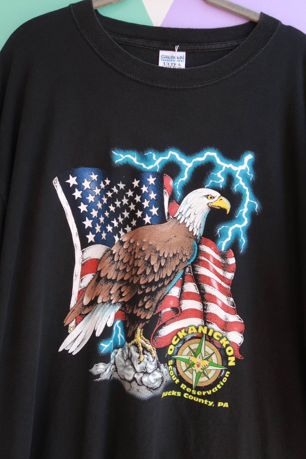 Elektra Vintage men's T-shirt featuring a vintage Y2K Ockanickon Scout Reservation eagle graphic design.