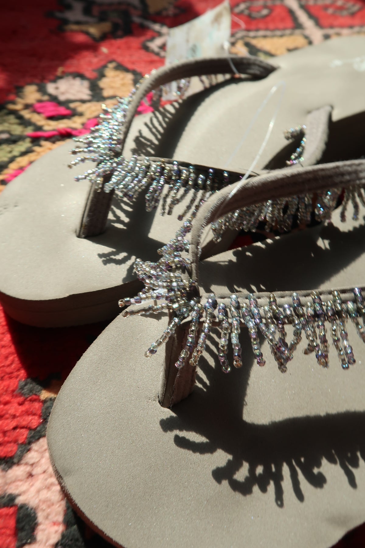 Elektra Vintage taupe grey beaded Y2K vintage flip flops with colorful bead detailing on the straps