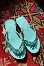 Load image into Gallery viewer, Turquoise Y2K vintage beaded flip flops by Elektra Vintage with colorful bead accents and casual summer style.
