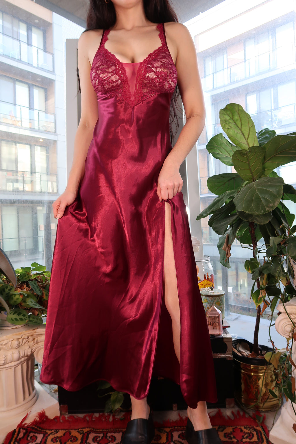 Vintage Gold Label Victoria’s Secret Red Satin Lace Maxi Slip Dress - Elektra Vintage
