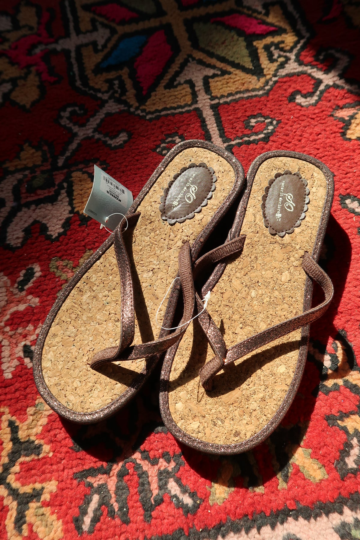 Elektra Vintage Y2K glitter cork wedge flip flops in brown with tags, featuring a strappy design and chunky heel.