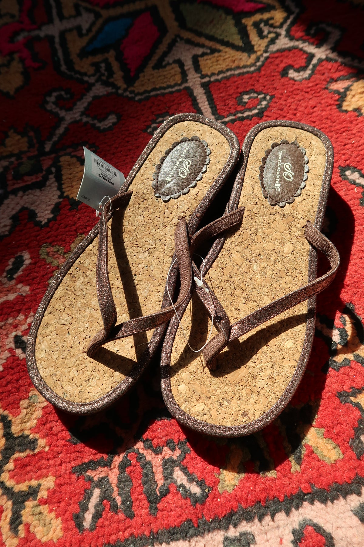 Brown Y2K glitter cork wedge flip flops by Elektra Vintage with tags, featuring a sparkling strap and comfortable wedge heel.