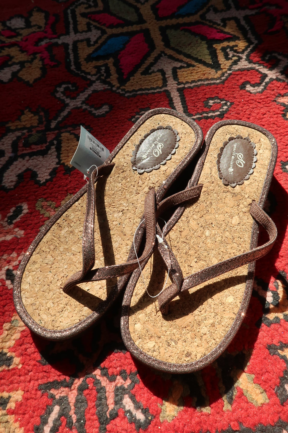 Elektra Vintage Y2K Glitter Cork Wedge Flip Flops in brown with metallic strap and textured cork sole, new with tags.