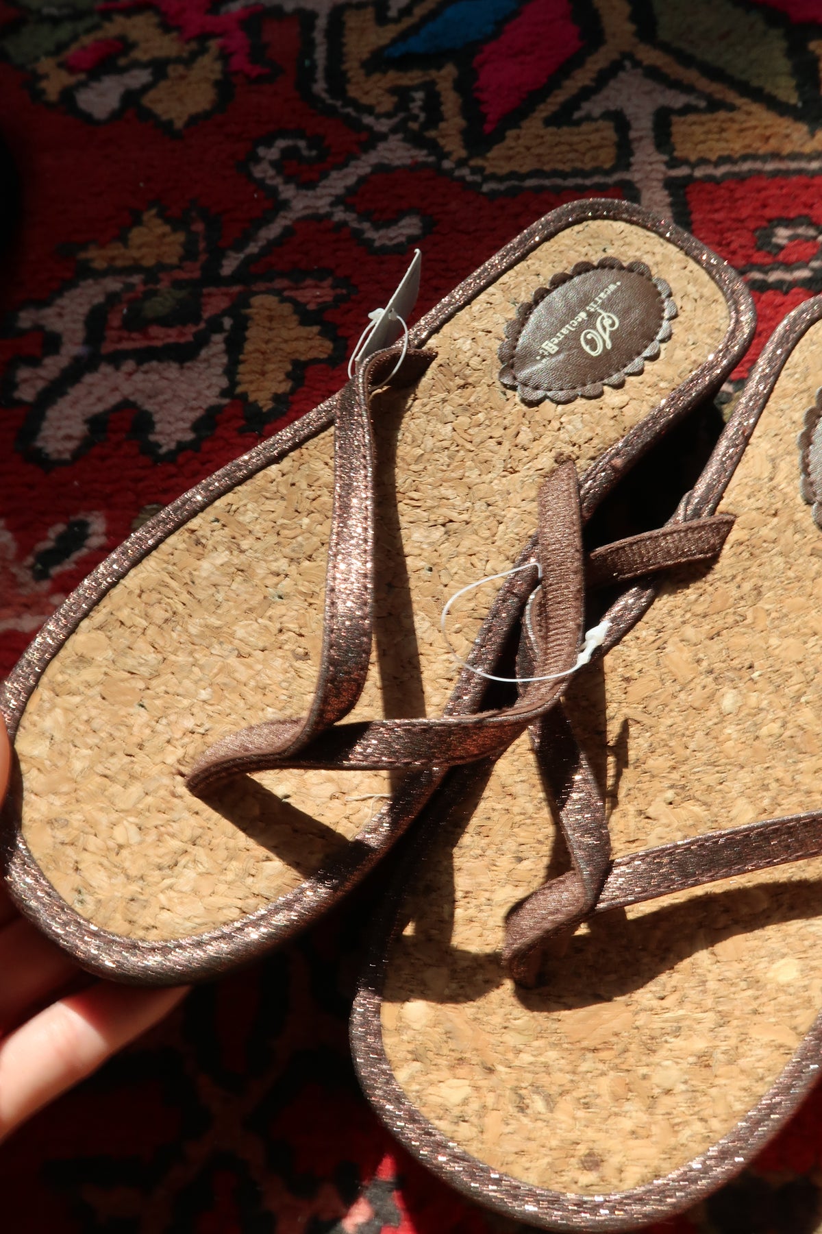 Brown Y2K glitter cork wedge flip flops by Elektra Vintage, featuring stylish straps and a comfortable wedge heel.