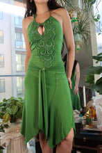 Load image into Gallery viewer, Vintage Y2K Green Beaded Halter Dress with Keyhole &amp; Handkerchief Hem
