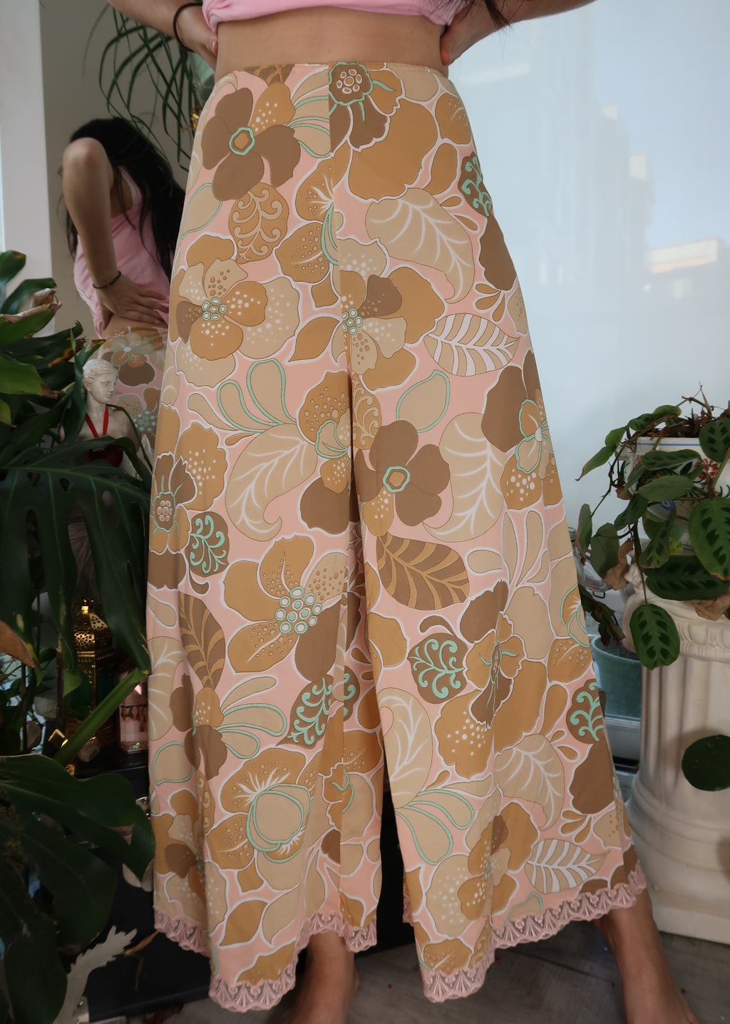 Vintage 1960s Floral High Waisted Wide Leg Pants with Lace Trim
