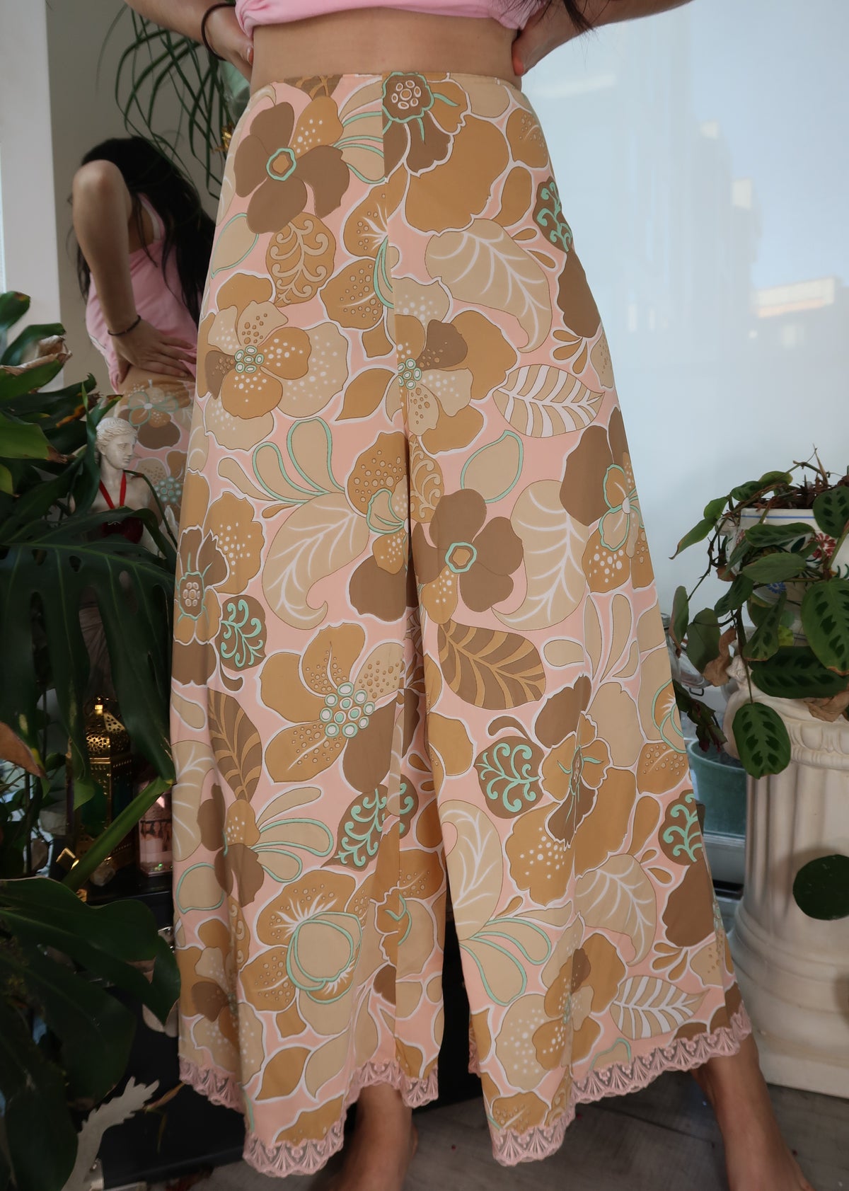 Vintage 1960s Floral High Waisted Wide Leg Pants with Lace Trim