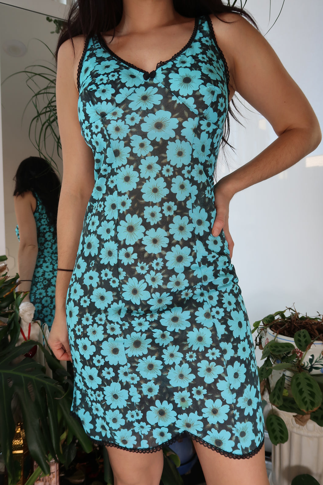 Brown and Blue Flower Printed Mesh Slip Dress