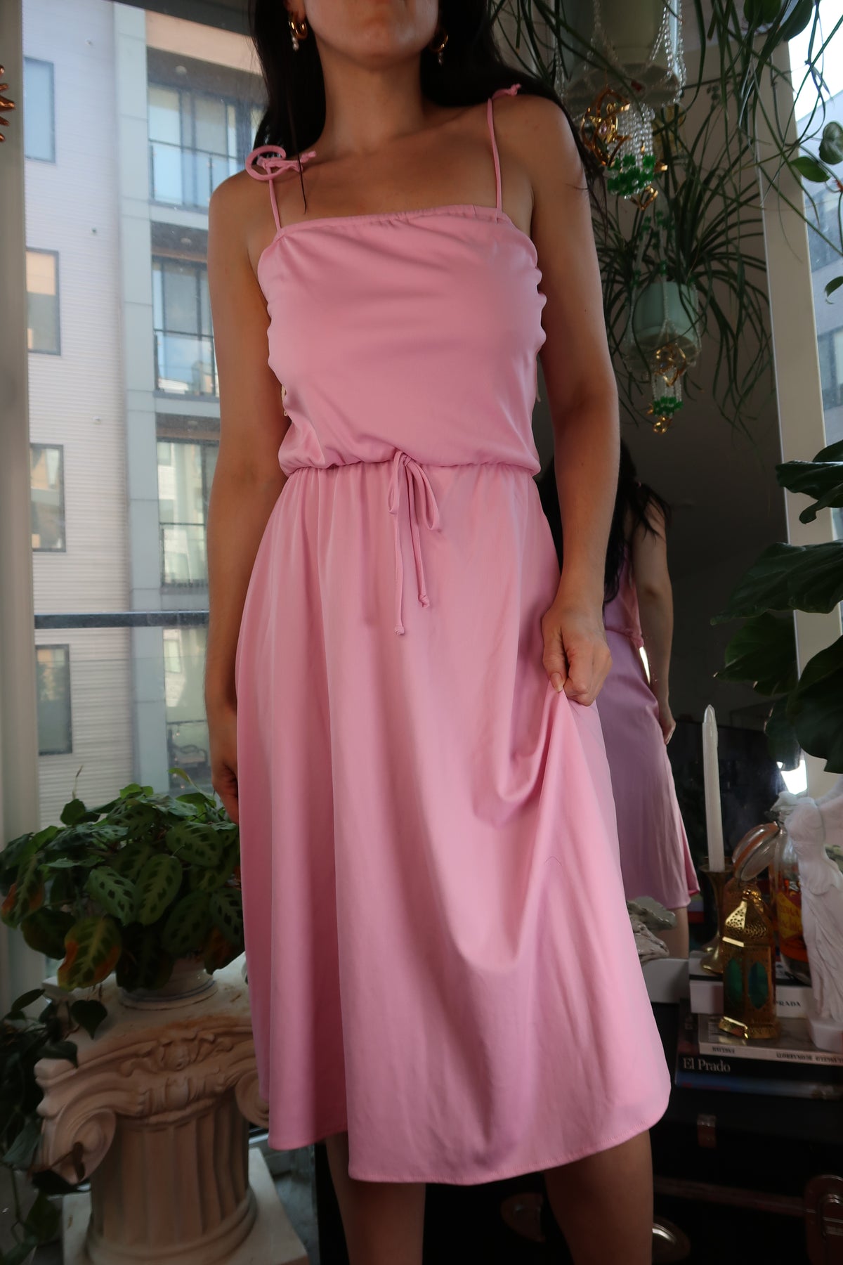 Vintage 1970s Pink Tie-Strap Midi Dress – Soft Jersey Knit