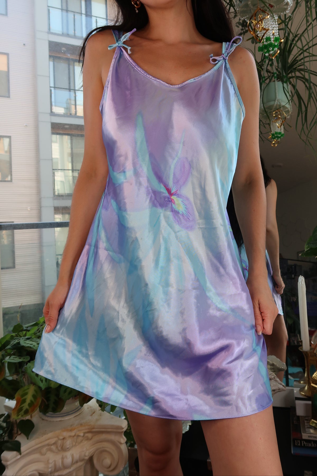 Vintage Y2K Iridescent Lilac & Aqua Floral Slip Dress