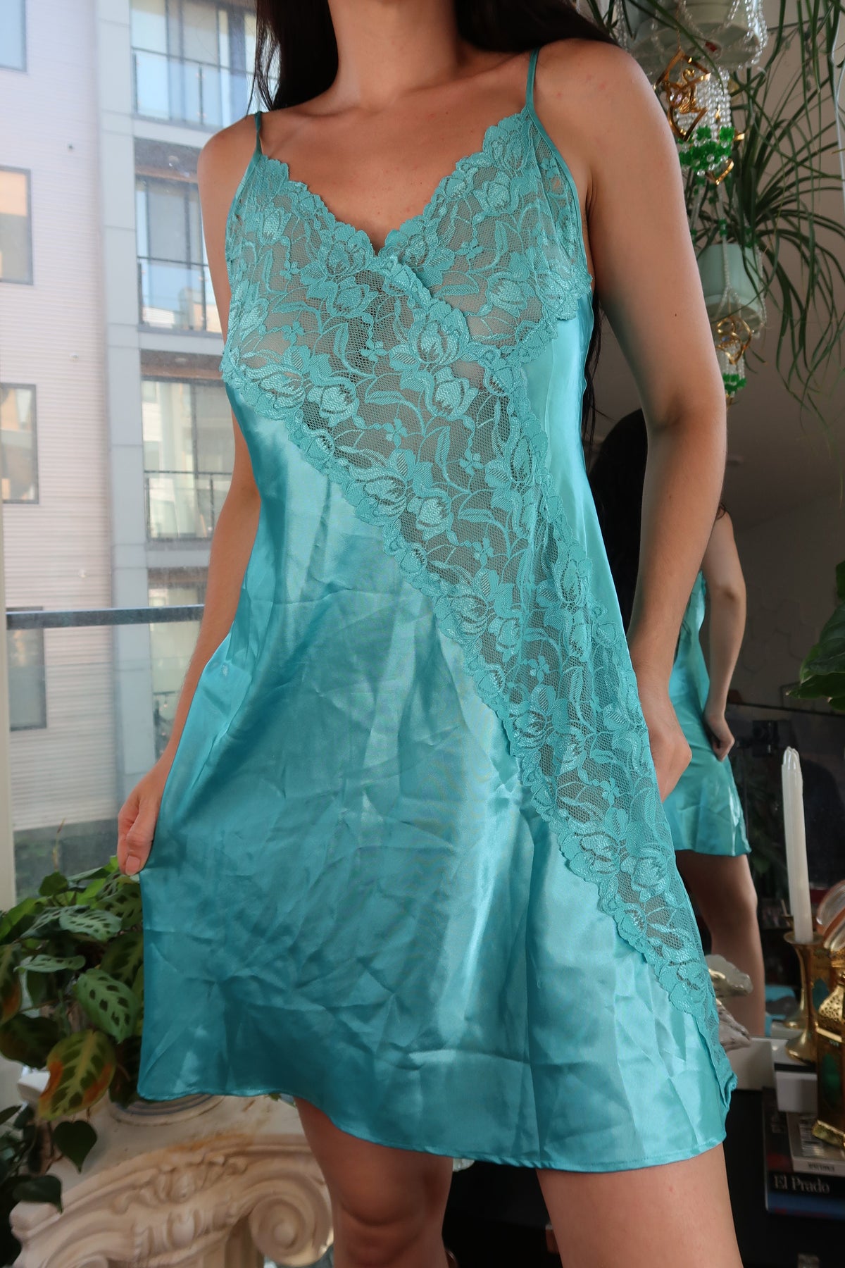 Vintage Aqua Blue Satin & Lace Slip Dress – 90s/Y2K Lingerie-Inspired Mini
