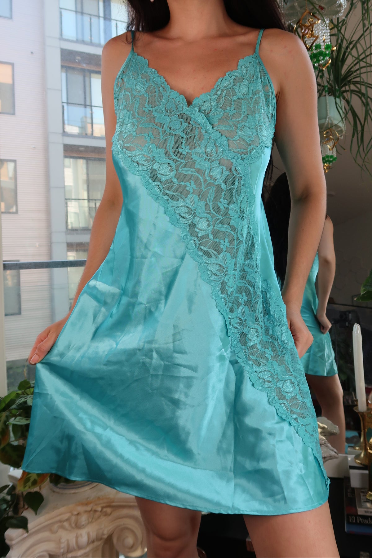 Vintage Aqua Blue Satin & Lace Slip Dress – 90s/Y2K Lingerie-Inspired Mini