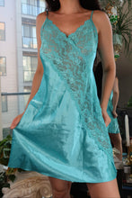 Load image into Gallery viewer, Vintage Aqua Blue Satin &amp; Lace Slip Dress – 90s/Y2K Lingerie-Inspired Mini
