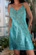 Vintage Aqua Blue Satin & Lace Slip Dress – 90s/Y2K Lingerie-Inspired Mini