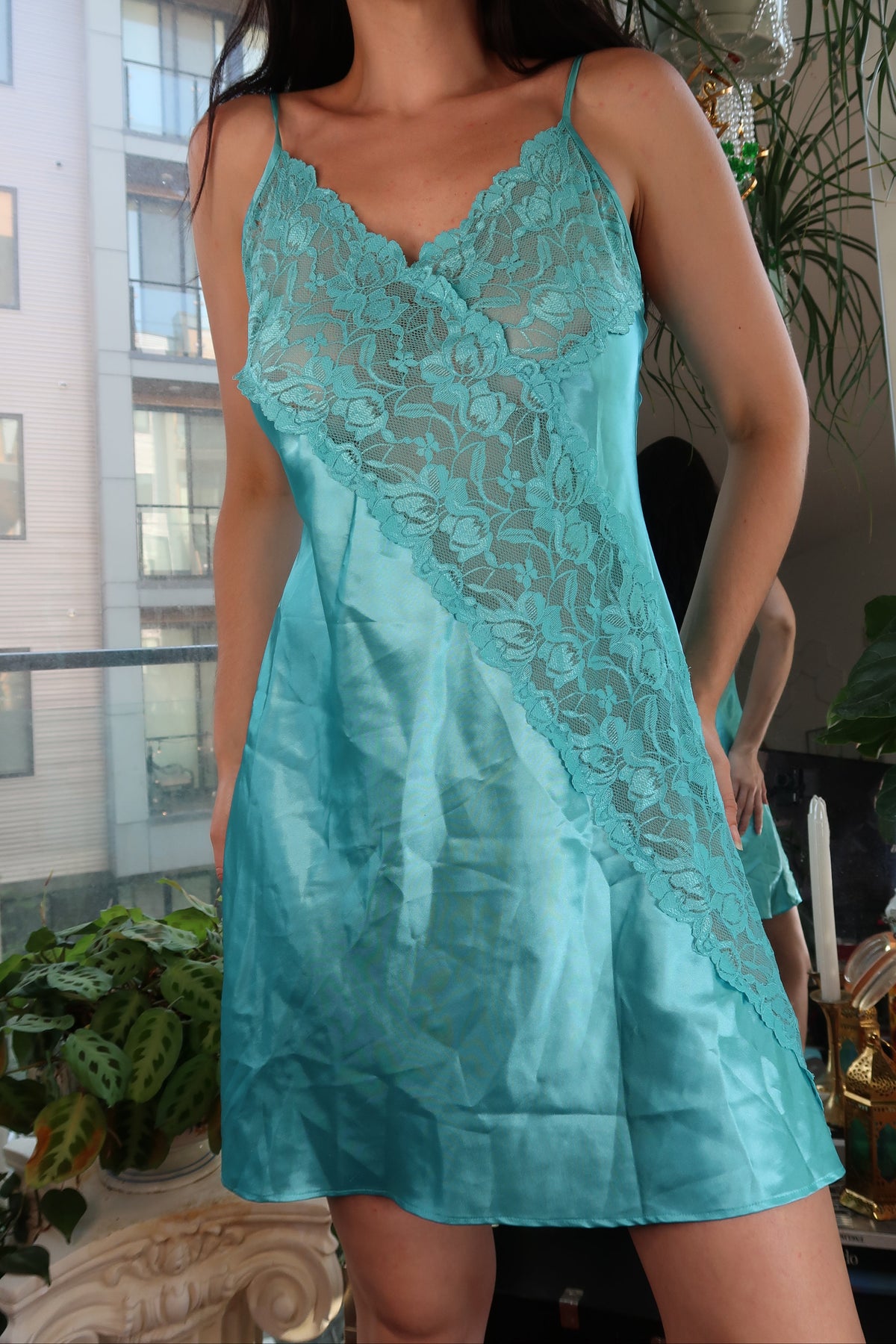 Vintage Aqua Blue Satin & Lace Slip Dress – 90s/Y2K Lingerie-Inspired Mini