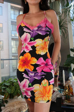 Load image into Gallery viewer, Vintage Y2K Floral Bodycon Mini Dress – Black with Bold Tropical Print &amp; Pink Lace Trim - Elektra Vintage
