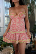Elektra Vintage pink floral ruffle mini dress with lace trim, vintage 2000s Aerie style, displayed on a hanger.