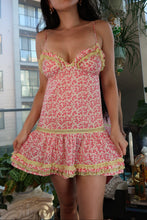 Load image into Gallery viewer, Elektra Vintage pink floral ruffle mini dress with lace trim, vintage 2000s Aerie style, displayed on a hanger.
