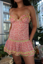 Load image into Gallery viewer, Elektra Vintage pink floral ruffle mini dress with lace trim, vintage 2000s Aerie style, featuring ruffles and floral pattern.
