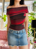 Vintage red and black cowl neck metallic stretch top for women by Elektra Vintage, featuring a stylish and fitted design.