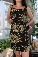 Load image into Gallery viewer, Vintage 1990s Sun &amp; Moon Celestial Print Mini Dress – Black &amp; Gold
