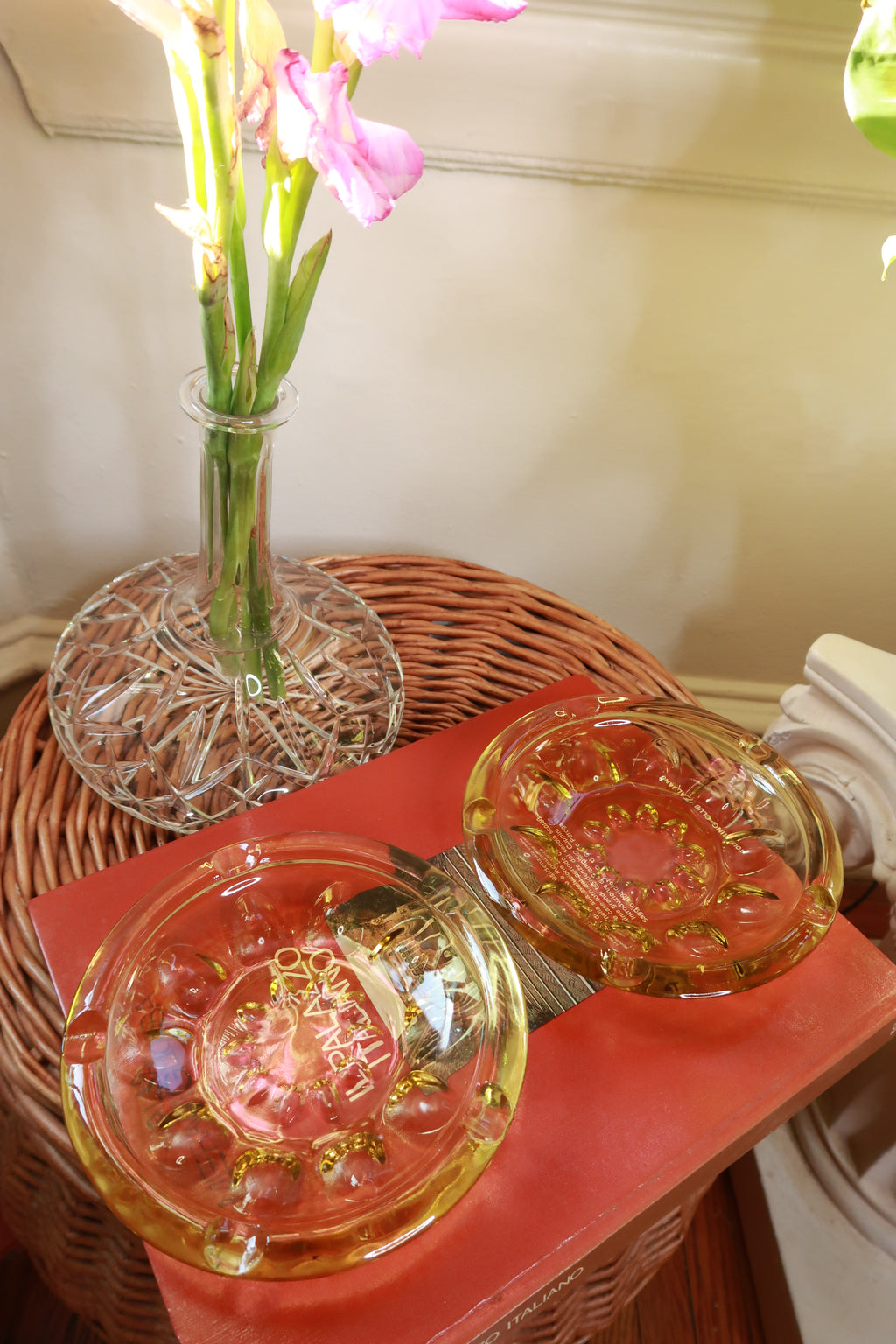 Vintage amber glass round cigarette ashtray by Elektra Vintage, featuring heavy pressed glass design and smooth rounded edges.