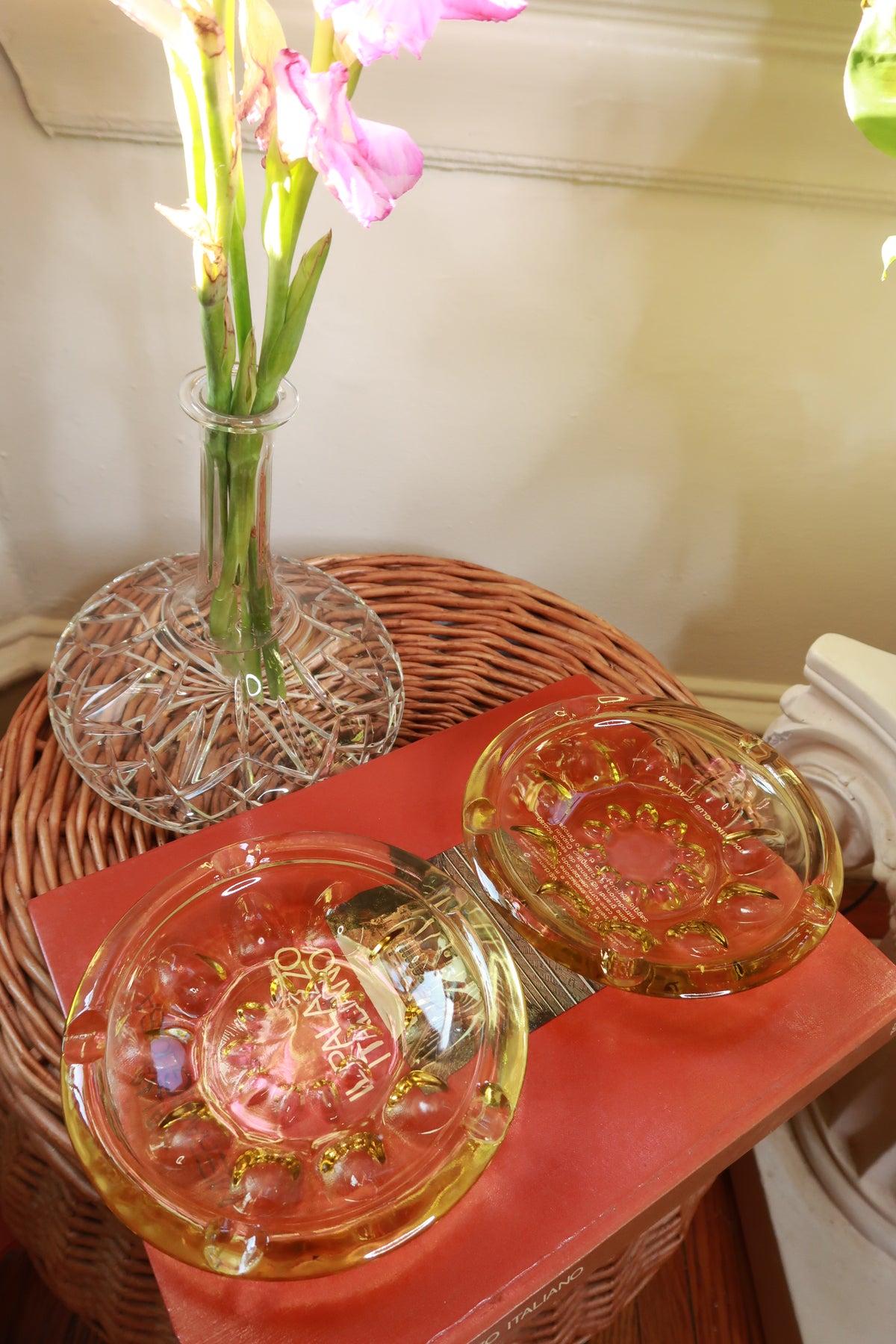 Vintage amber glass round cigarette ashtray by Elektra Vintage, featuring heavy pressed glass design and smooth rounded edges.