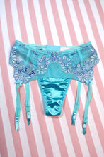 Load image into Gallery viewer, Vintage 2000s Victoria’s Secret Aqua Blue Embroidered Floral Garter Belt with Matching Satin Thong Two-Piece Lingerie Set
