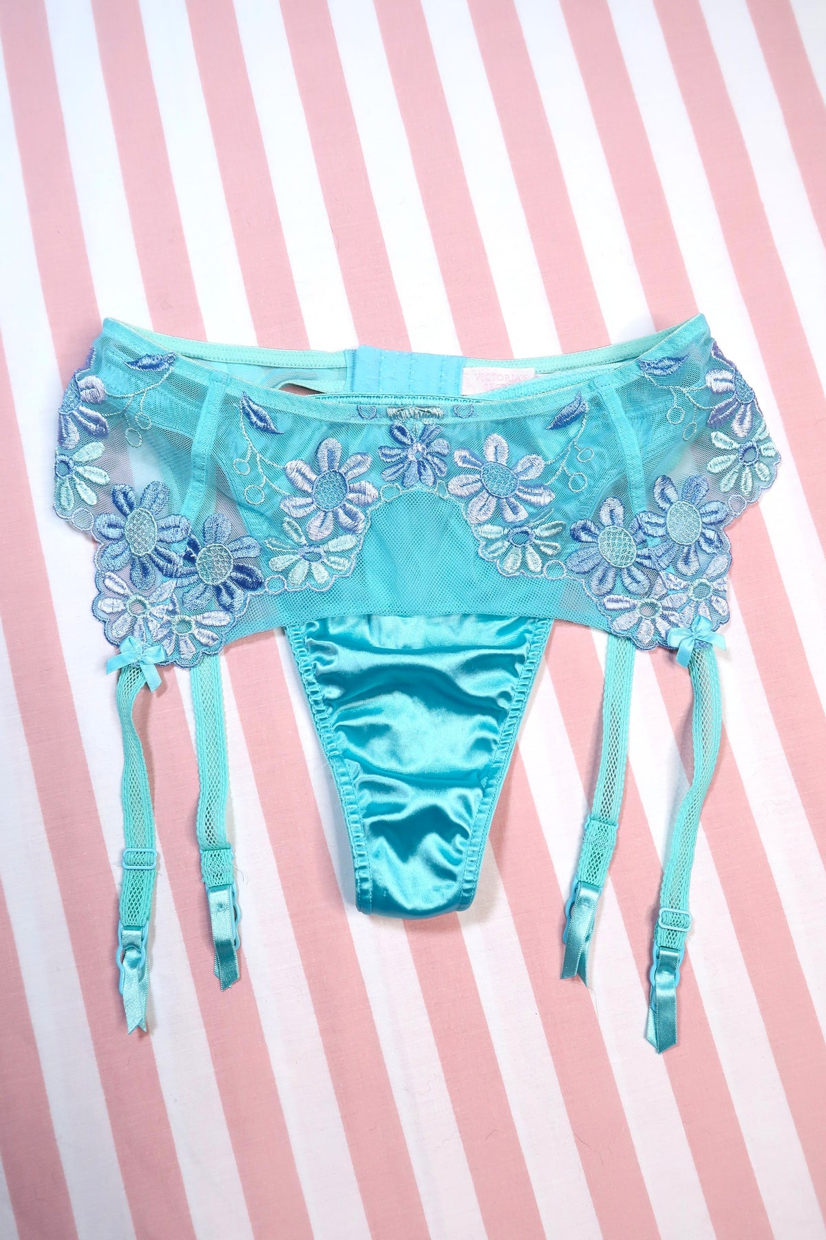 Vintage 2000s Victoria’s Secret aqua blue embroidered floral garter belt and matching satin thong lingerie set by Elektra Vintage
