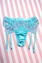Load image into Gallery viewer, Vintage 2000s Victoria’s Secret Aqua Blue Embroidered Floral Garter Belt with Matching Satin Thong Two-Piece Lingerie Set
