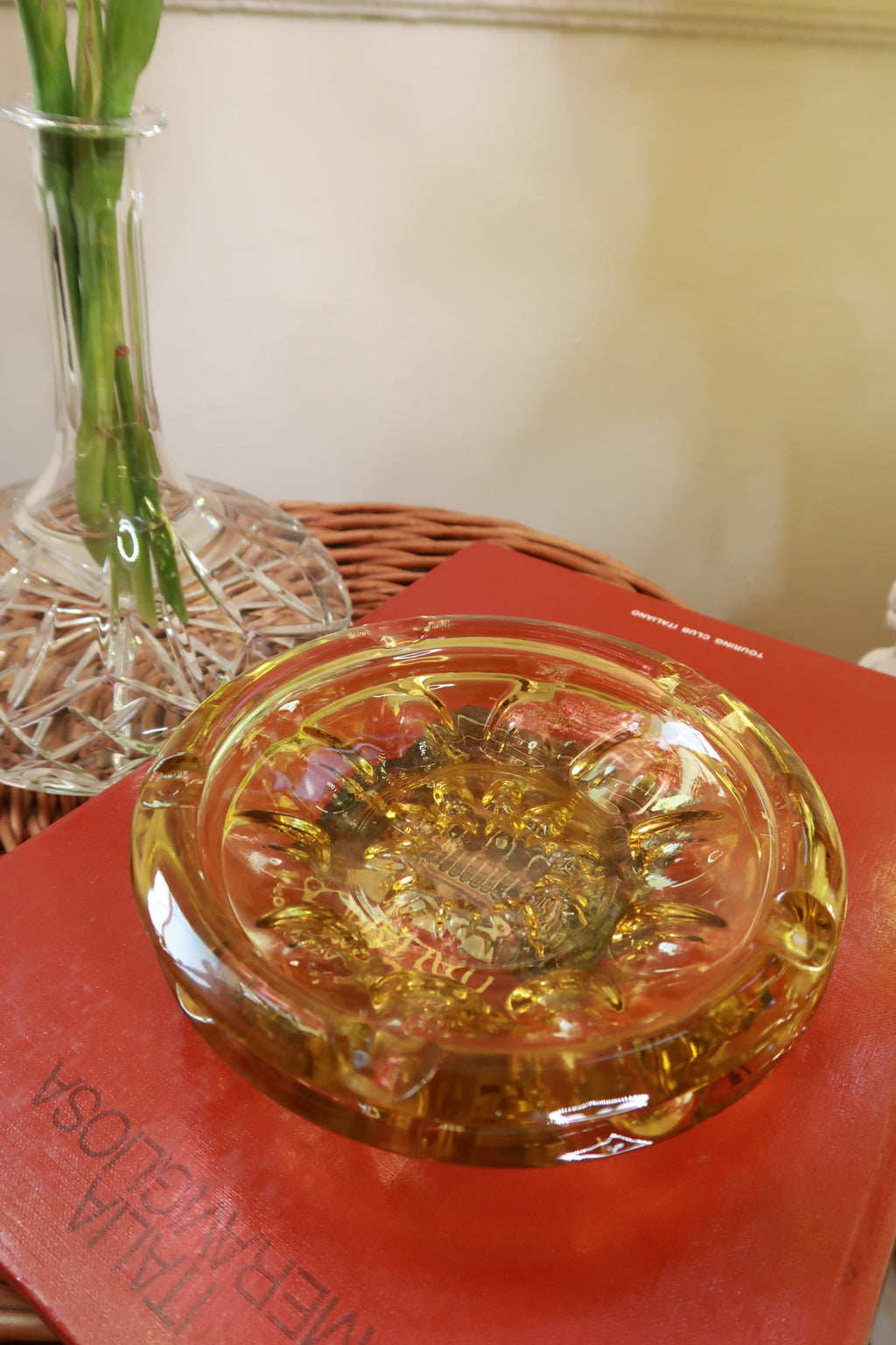 Elektra Vintage amber glass round cigarette ashtray with heavy pressed glass design, vintage style and smooth finish.