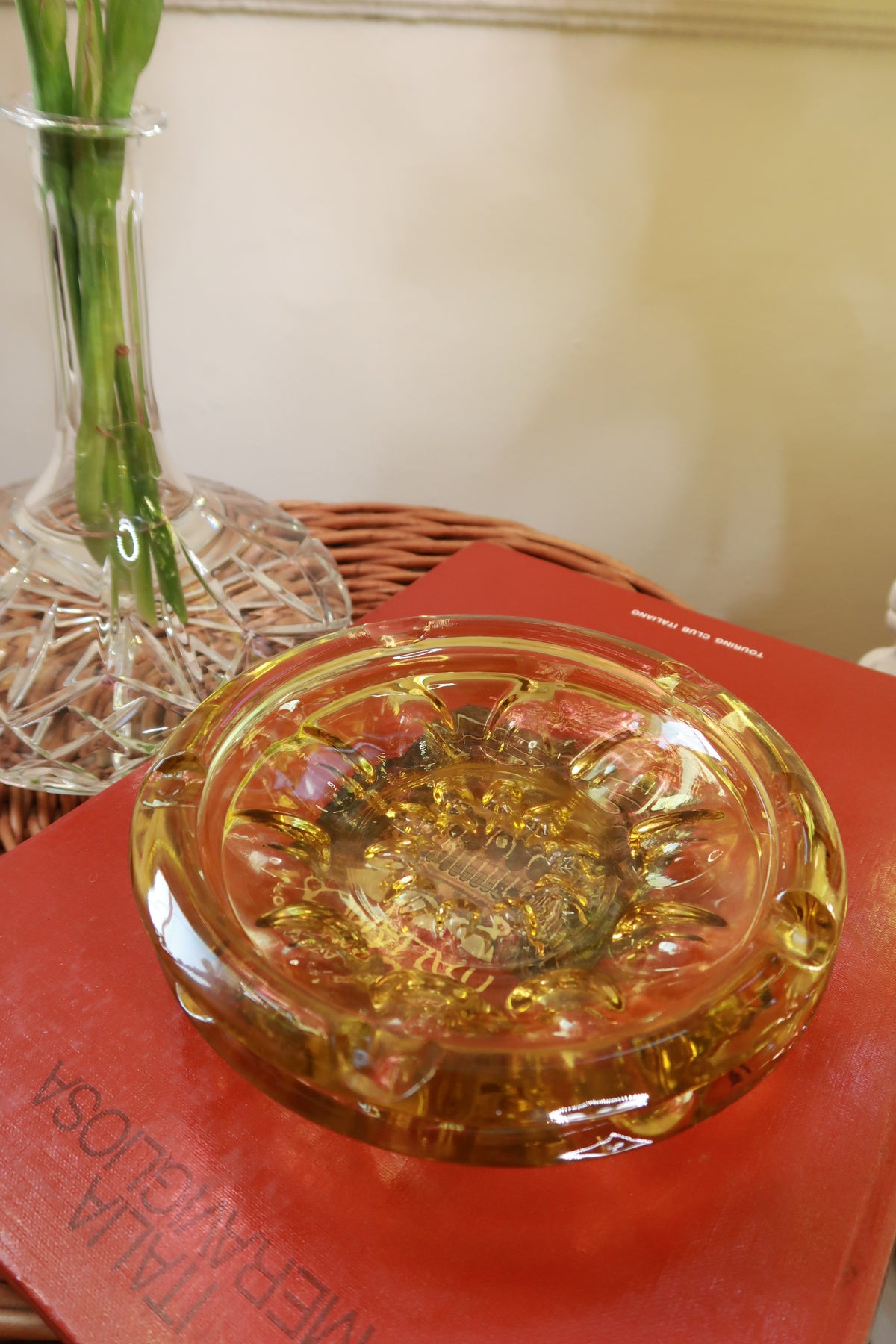 Elektra Vintage amber glass round cigarette ashtray with heavy pressed glass design, vintage style and smooth finish.