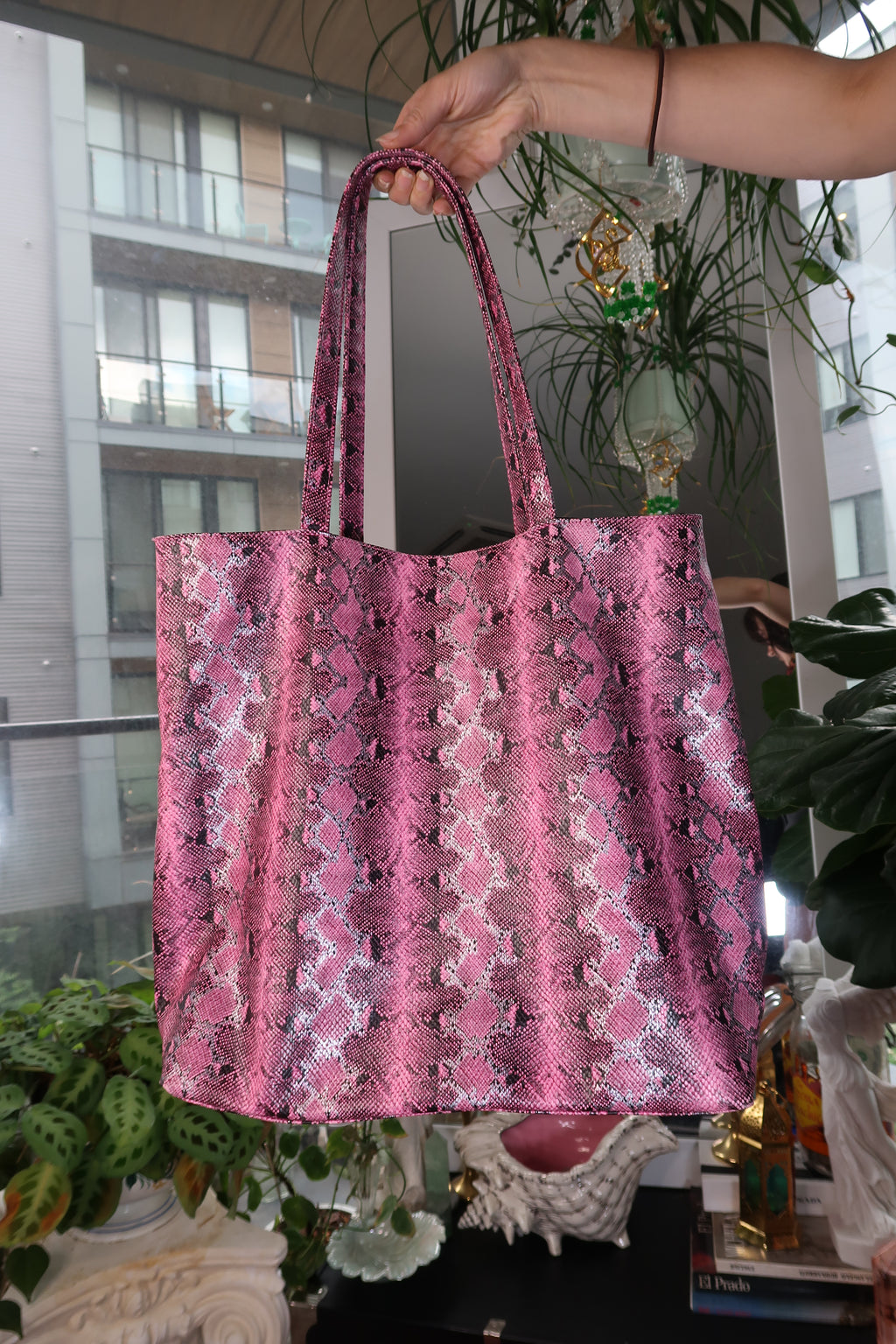 Pink Faux Snakeskin Tote Bag – Statement Shopper Tote