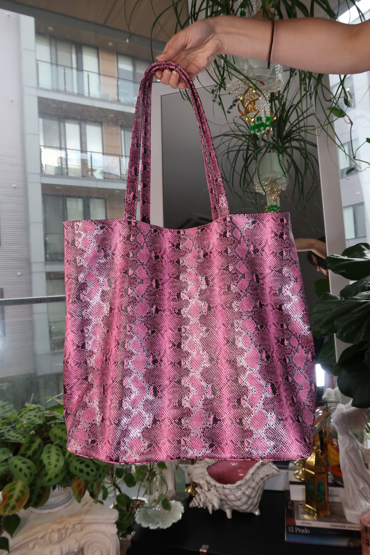 Pink Faux Snakeskin Tote Bag – Statement Shopper Tote