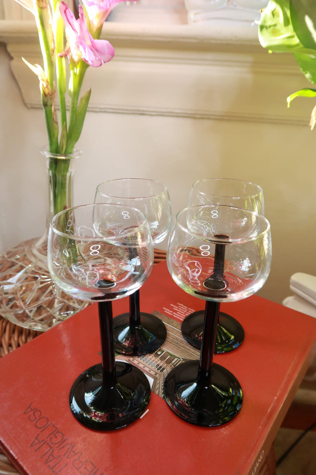 Vintage Black Stem Cocktail Coupe Glasses Set of 4 Clear Bowl Barware