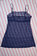 Load image into Gallery viewer, Navy blue sheer mesh slip dress with spaghetti straps and babydoll style from Elektra Vintage, featuring delicate lingerie-inspired design.
