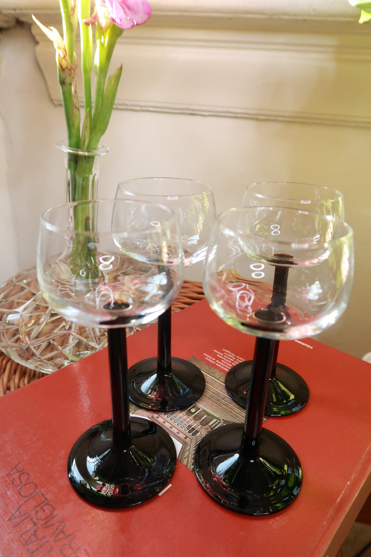 Vintage Black Stem Cocktail Coupe Glasses Set of 4 Clear Bowl Barware