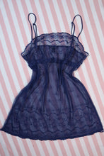 Load image into Gallery viewer, Navy blue Victoria’s Secret sheer mesh slip dress with spaghetti straps, babydoll style, by Elektra Vintage.
