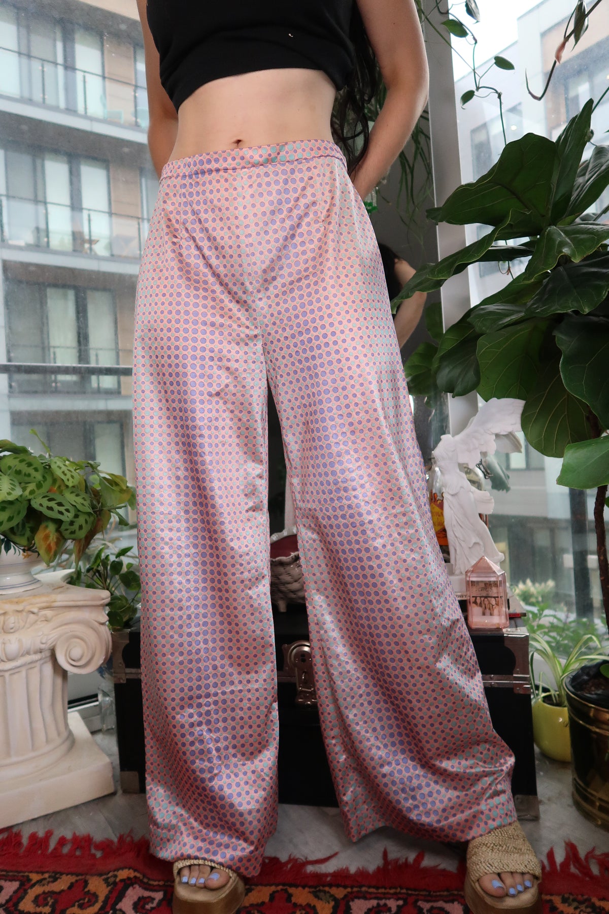 Vintage 1970s Op Art Bell Bottom Pants – Pink & Purple Satin