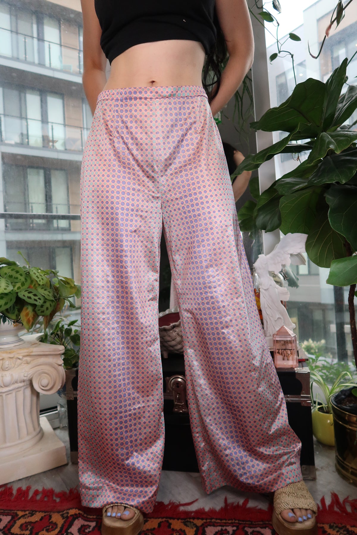 Vintage 1970s Op Art Bell Bottom Pants – Pink & Purple Satin